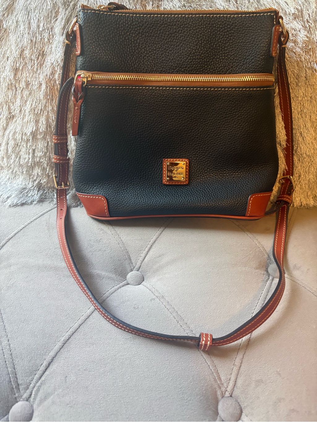 Dooney & Bourke Black With Brown Trim Pebble Leather Crossbody Messenger